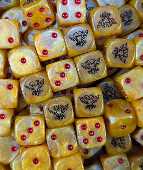 Pile of gold twin eagle 16mm D6 dice for a sci-fi guardian army