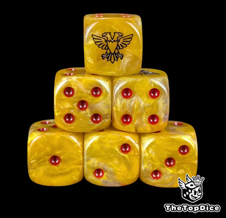 Gold 16mm D6 dice with a black twin eagle emblem and red pips for sci-fi wargaming