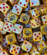 Pile of gold winged angel guard 16mm D6 dice for a sci-fi army