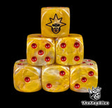 Gold 16mm D6 dice with a black winged angel mask emblem and red pips for sci-fi wargaming