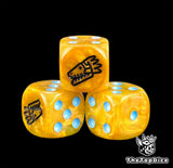Three gold lizardmen dice with pale blue pips and a black rune
