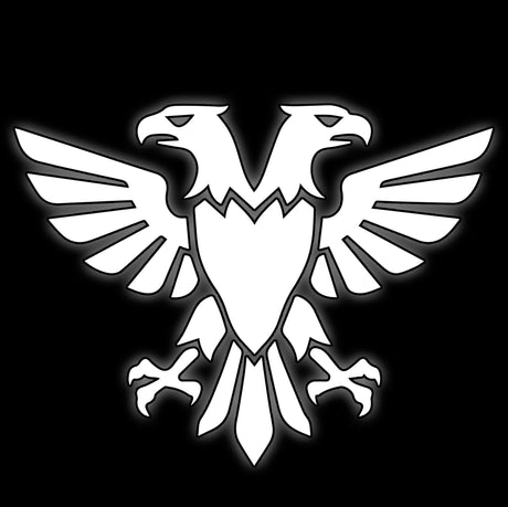 Double headed eagle in white line art on black, tile for golden guardian 16mm grimdark dice