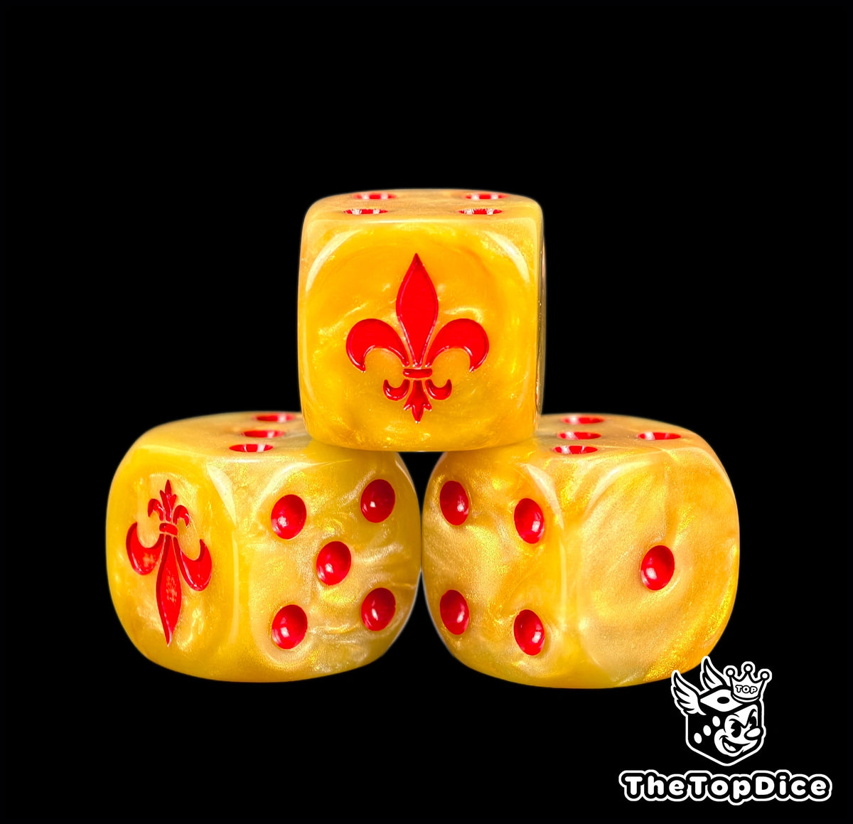 Three gold dice with red pips and a red fleur de lis emblem