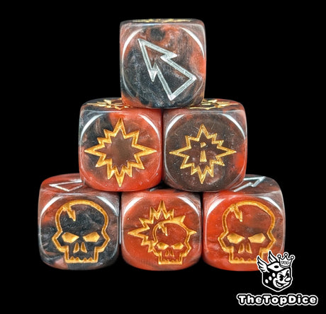 Close up of three red and black 16mm block dice with silver pips for resolving blocks