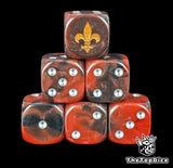 Close up of two red and black D6 with a gold fleur de lis logo on the six face for fantasy football
