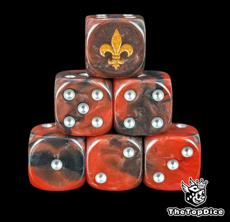Close up of two red and black D6 with a gold fleur de lis logo on the six face for fantasy football