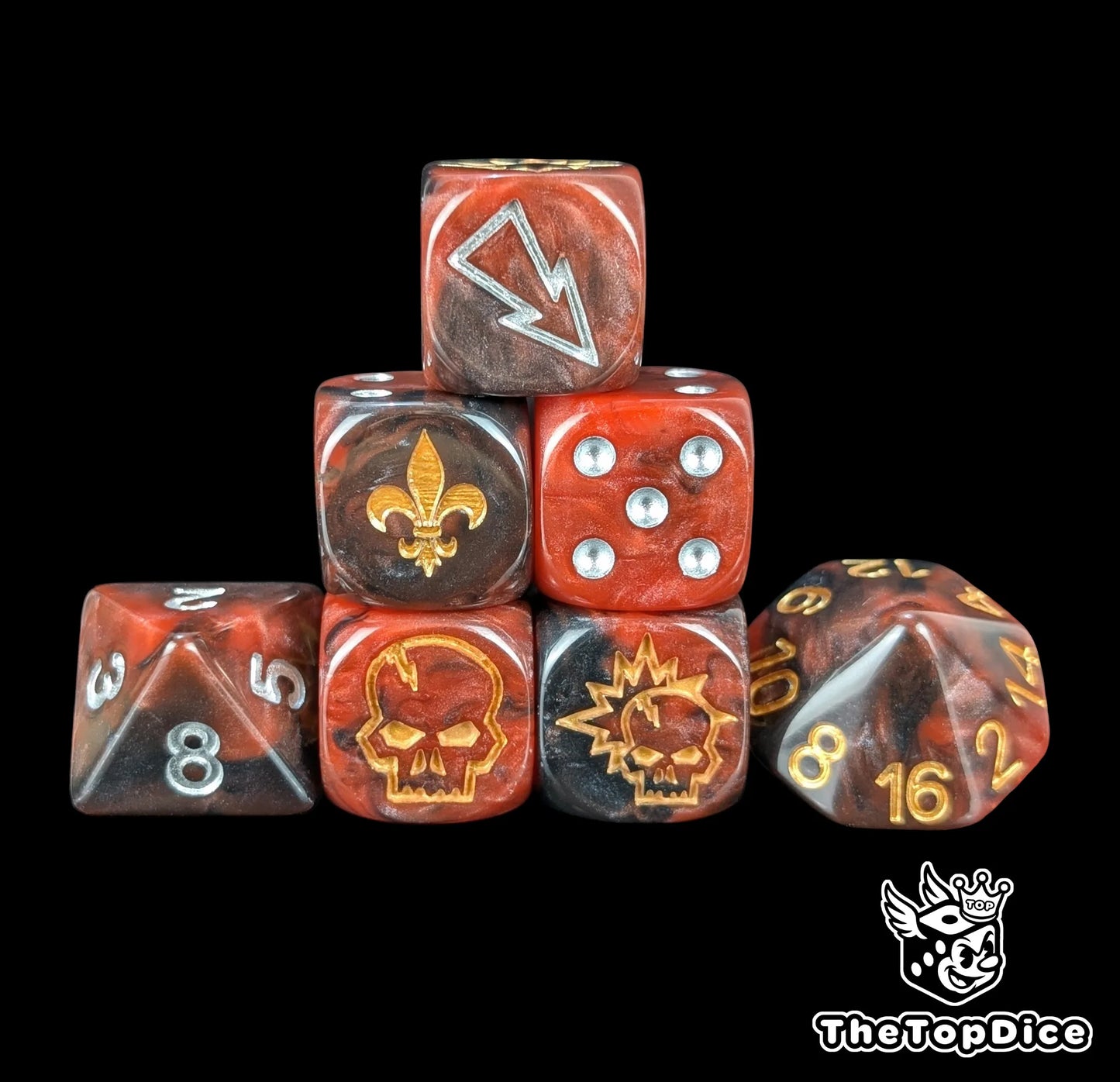 Red and black grail knights fantasy football dice set of seven 16mm resin dice compatible with Blood Bowl