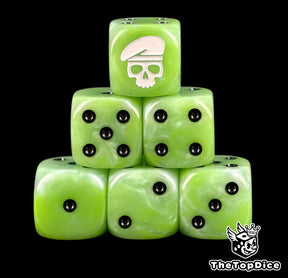 Six green Ratling D6 stacked, black pips and a white beret skull