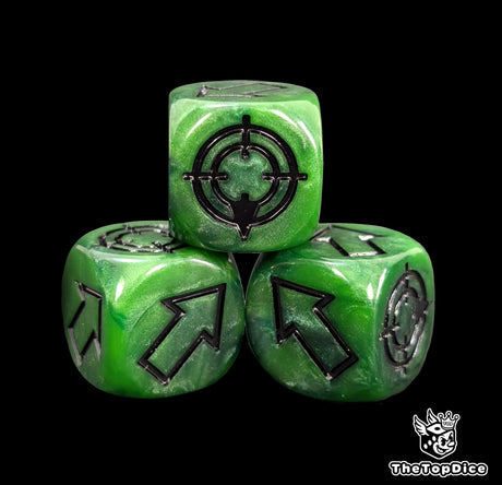 Close up of a green resin scatter die showing the black direction arrows