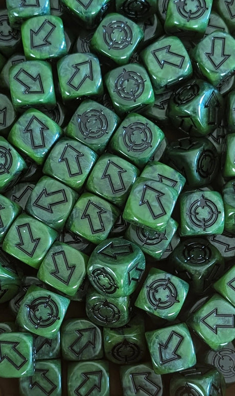 Pile of green scatter dice for tabletop battles