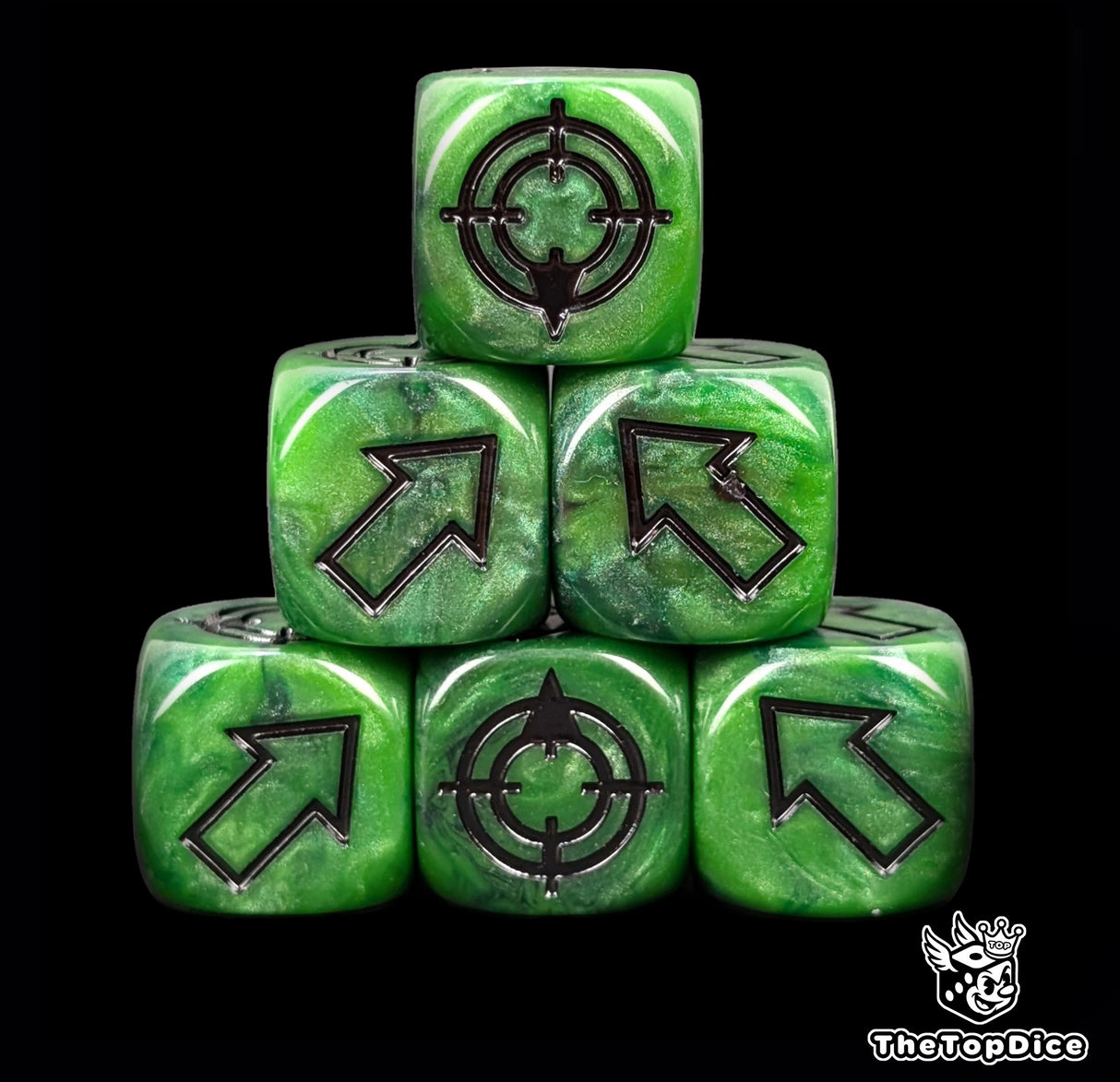 Green 16mm scatter dice with black arrows and hit faces for wargames