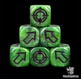 Green 16mm scatter dice with black arrows and hit faces for wargames