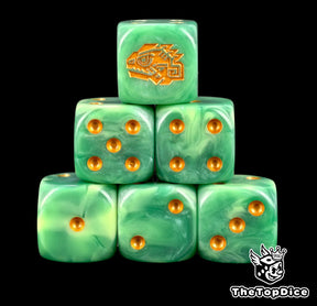Six jade green Chameleon Skink D6 stacked with a gold chameleon rune