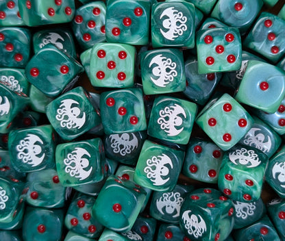 Pile of green Cthulhu cult 16mm D6 dice for an RPG horror campaign