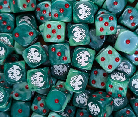 Pile of green Cthulhu cult 16mm D6 dice for an RPG horror campaign