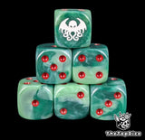 Green 16mm D6 dice with a white Cthulhu cult emblem and red pips for tabletop RPG horror campaigns