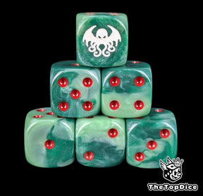 Green 16mm D6 dice with a white Cthulhu cult emblem and red pips for tabletop RPG horror campaigns