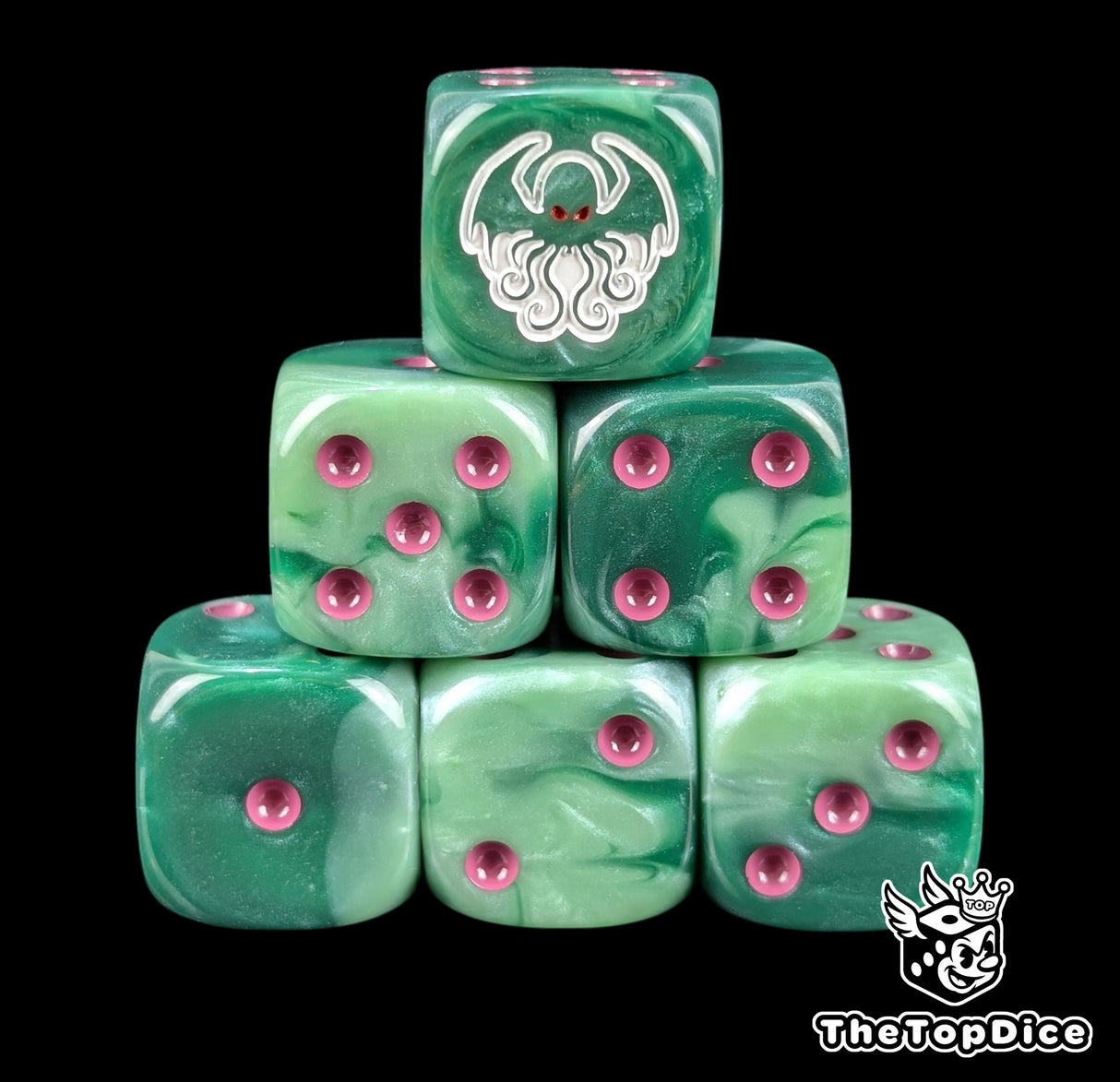 Green 16mm D6 dice with a white Cthulhu emblem with red eyes and purple pips for tabletop RPG and D&D