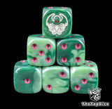 Green 16mm D6 dice with a white Cthulhu emblem with red eyes and purple pips for tabletop RPG and D&D
