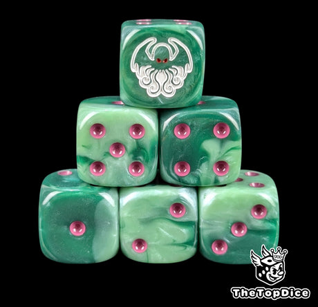 Green 16mm D6 dice with a white Cthulhu emblem with red eyes and purple pips for tabletop RPG and D&D