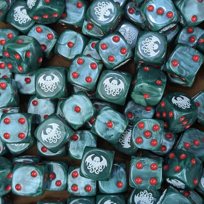 Pile of green Cthulhu 16mm D6 dice for an RPG horror campaign