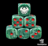 Green 16mm D6 dice with a white Cthulhu idol emblem and red pips for tabletop roleplaying campaigns