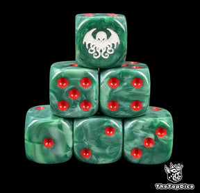 Green 16mm D6 dice with a white Cthulhu idol emblem and red pips for tabletop roleplaying campaigns