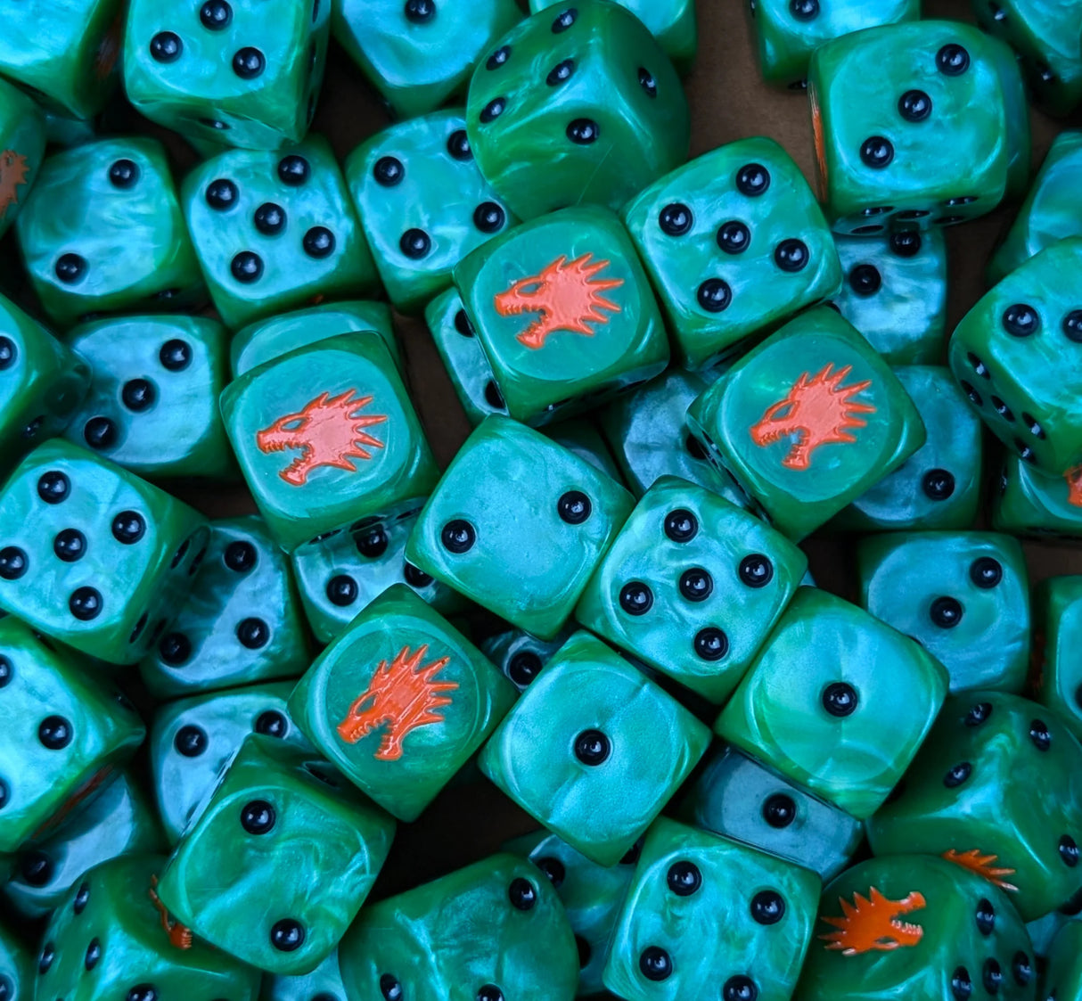 Pile of green drake 16mm D6 dice for a sci-fi fire army
