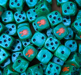 Pile of green drake 16mm D6 dice for a sci-fi fire army
