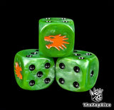 Close up of a green 16mm resin D6 die engraved with an orange drake and black pips