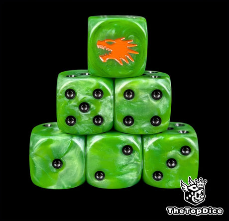 Green 16mm D6 dice with an orange drake emblem and black pips for sci-fi wargaming