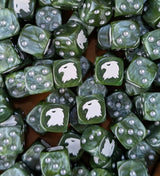 Pile of green eagle 16mm D6 dice for a sci-fi stealth army