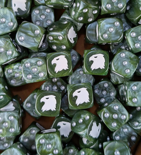 Pile of green eagle 16mm D6 dice for a sci-fi stealth army