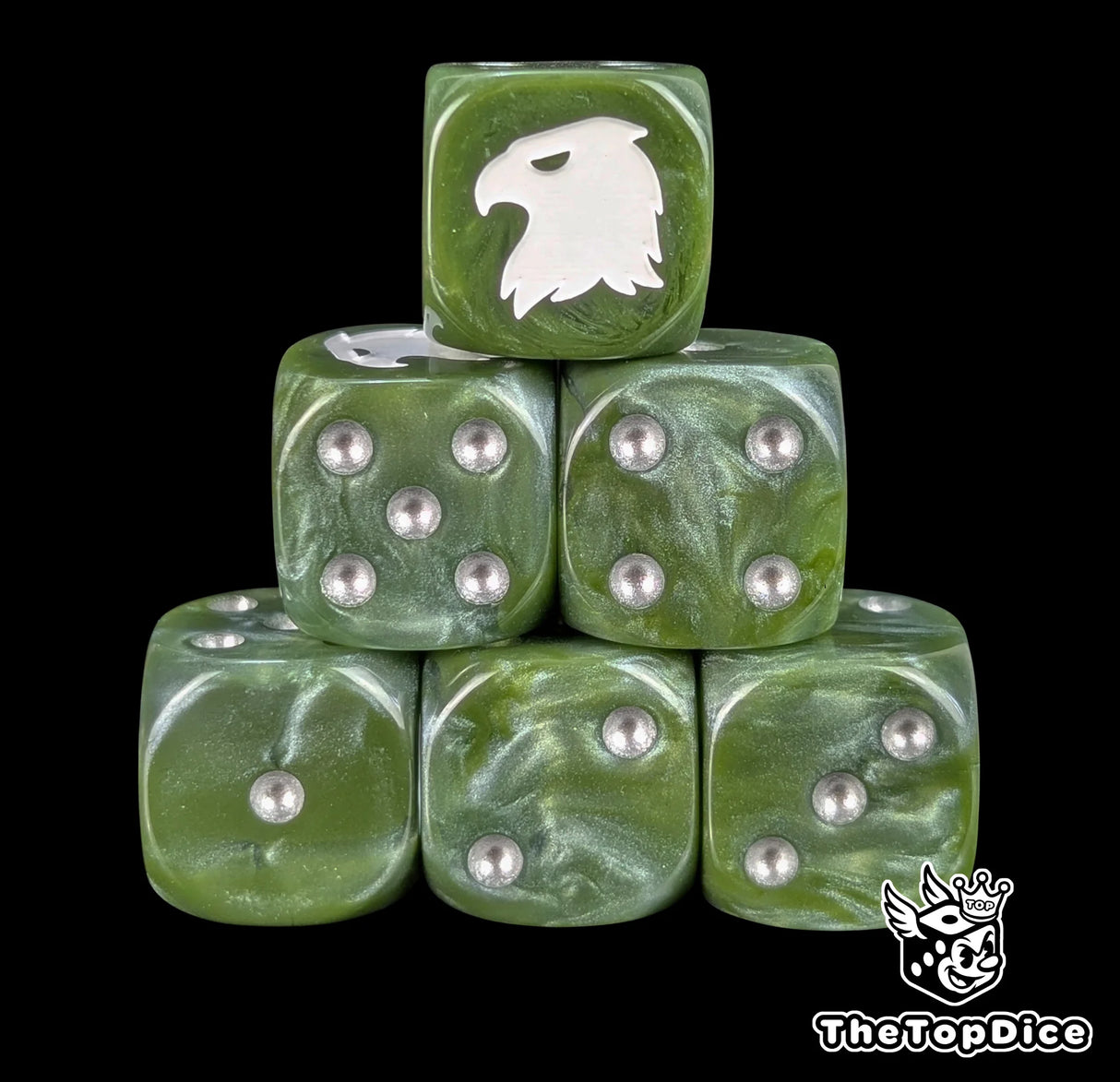 Green 16mm D6 dice with a white eagle emblem and silver pips for sci-fi wargaming