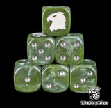 Green 16mm D6 dice with a white eagle emblem and silver pips for sci-fi wargaming