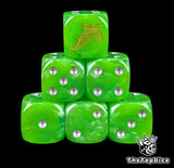 Green 16mm D6 dice with a gold elven leaf emblem and silver pips for epic fantasy wargames