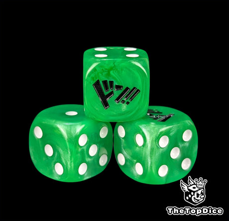 Close up of a green 16mm resin D6 die engraved with white pips as a TCG power counter