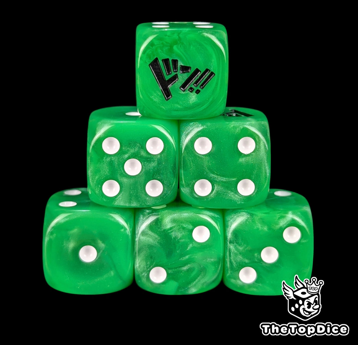 Green 16mm D6 counter dice with white pips for anime pirate TCG