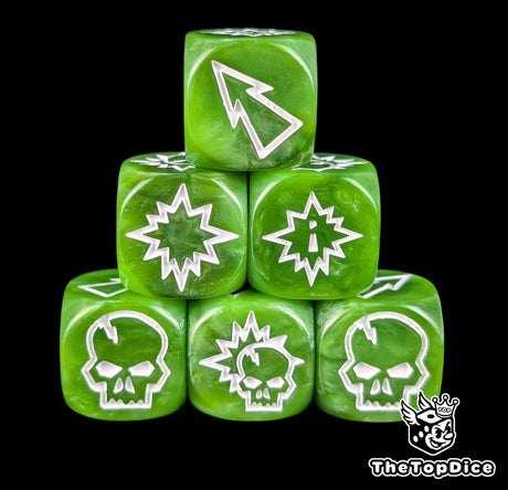 Close up of three green 16mm block dice with white symbols for resolving blocks in fantasy football