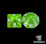Close up of a green D8 and D16 with white numbers for scatter and long range fantasy football rolls