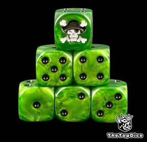 Six green Freebooterz D6 stacked, an ork skull in a pirate hat