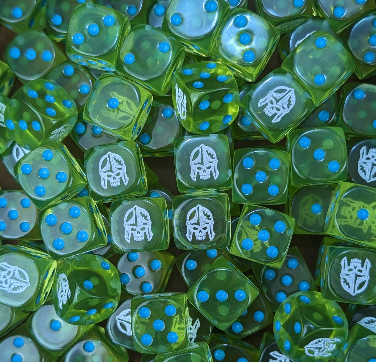 Pile of green ghost host 16mm D6 dice for an undead fantasy miniature army