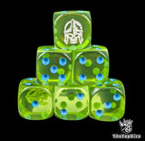 Green clear 16mm D6 dice with a white ghost helm emblem and blue pips for epic fantasy wargames