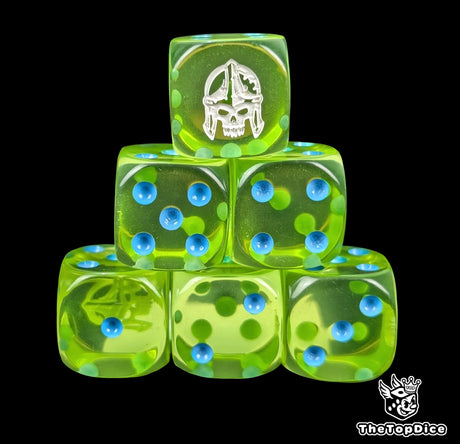 Green clear 16mm D6 dice with a white ghost helm emblem and blue pips for epic fantasy wargames