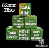 Green 20mm square corner command tokens with white order icons for sci-fi wargaming
