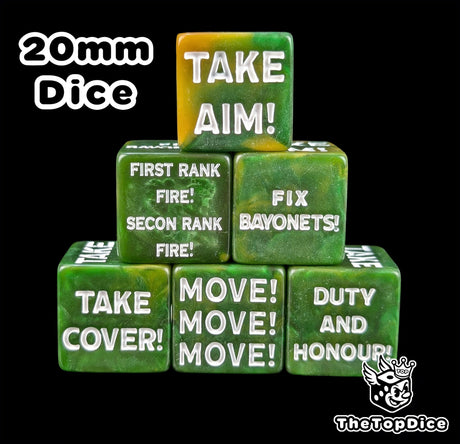Green 20mm square corner command tokens with white order icons for sci-fi wargaming