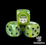 Close up of a green 16mm resin D6 die engraved with a silver helmeted skull and imperial sigil and black pips