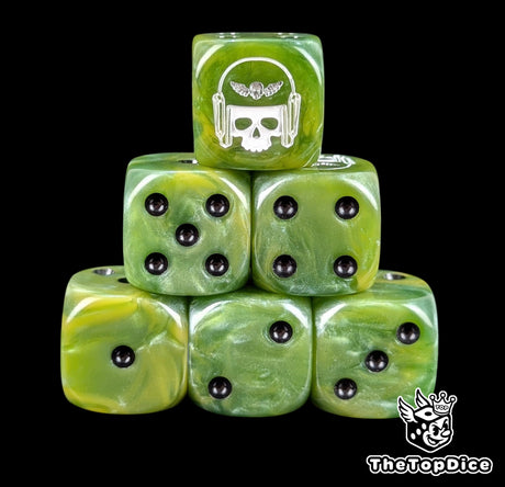 Green 16mm D6 dice with a silver helmeted skull and imperial sigil emblem and black pips for sci-fi wargaming
