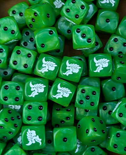 Pile of green hive alien 16mm D6 dice for a sci-fi xeno swarm
