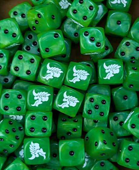 Pile of green hive alien 16mm D6 dice for a sci-fi xeno swarm